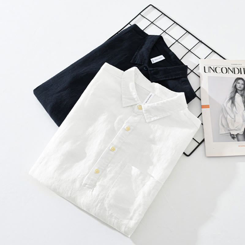 Buddha Stones Einfarbig Lose Langarm Halbknopfhemd Leinen Herrenbekleidung - image 16