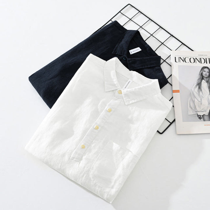 Buddha Stones Einfarbig Lose Langarm Halbknopfhemd Leinen Herrenbekleidung - image 16