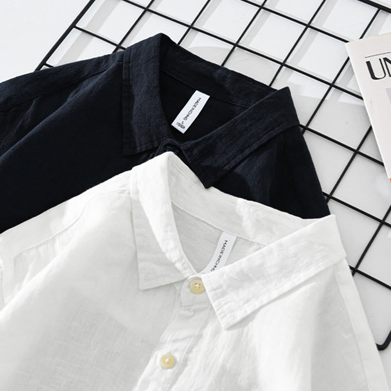 Buddha Stones Einfarbig Lose Langarm Halbknopfhemd Leinen Herrenbekleidung - image 15