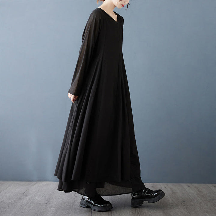 Buddha Stones Spring Doppellagiges Design Langarm-Midikleid aus Baumwolle für Damen - Schwarz - US12， UK/AU16，EU44 (2XL) - image 4