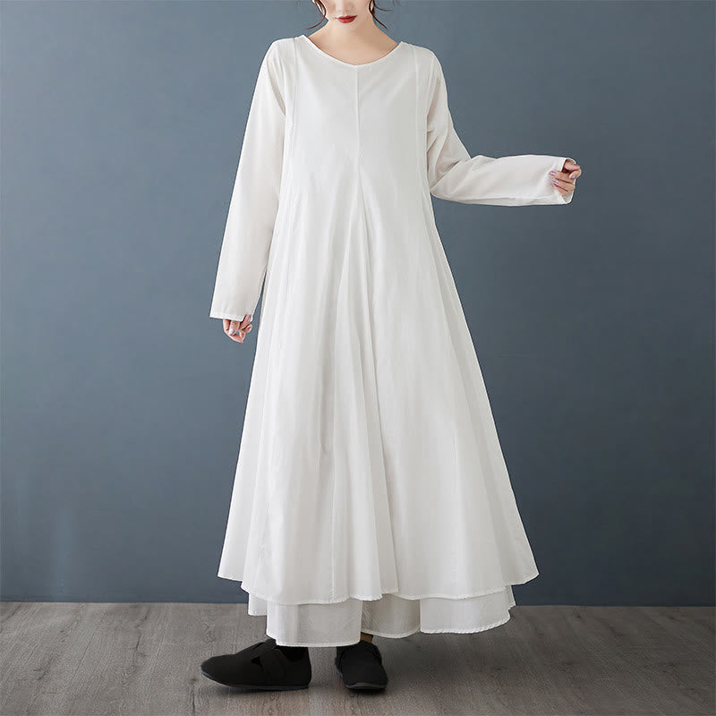 Buddha Stones Spring Doppellagiges Design Langarm-Midikleid aus Baumwolle für Damen - Weiß - US12， UK/AU16，EU44 (2XL) - image 1