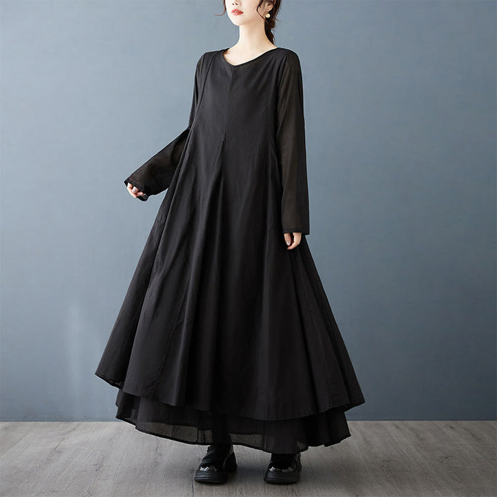 Buddha Stones Spring Doppellagiges Design Langarm-Midikleid aus Baumwolle für Damen - image 5