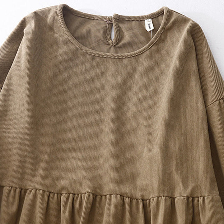 Buddha Stones Tan Cordkleid mit Puffärmeln, Midi-Länge, einfarbig, Cord - image 2