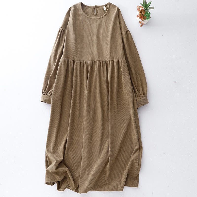 Buddha Stones Tan Cordkleid mit Puffärmeln, Midi-Länge, einfarbig, Cord - Bräunen - US14, UK/AU18, EU46 (2XL) - image 0