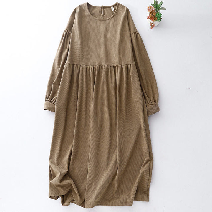 Buddha Stones Tan Cordkleid mit Puffärmeln, Midi-Länge, einfarbig, Cord - Bräunen - US14, UK/AU18, EU46 (2XL) - image 0
