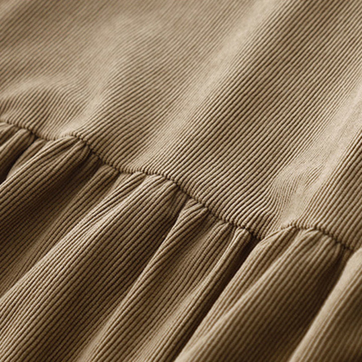 Buddha Stones Tan Cordkleid mit Puffärmeln, Midi-Länge, einfarbig, Cord - image 5