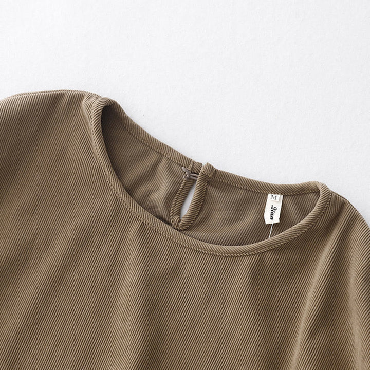 Buddha Stones Tan Cordkleid mit Puffärmeln, Midi-Länge, einfarbig, Cord - image 3