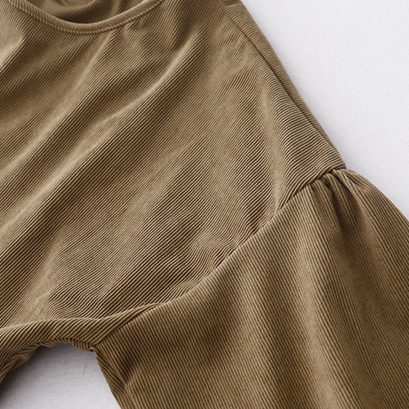 Buddha Stones Tan Cordkleid mit Puffärmeln, Midi-Länge, einfarbig, Cord - image 7