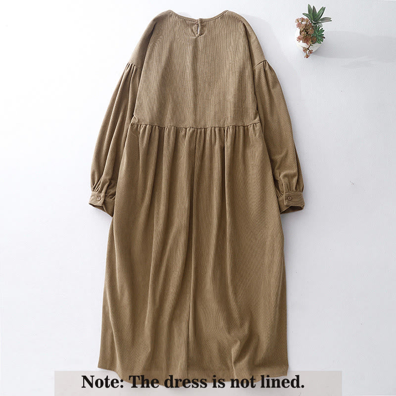Buddha Stones Tan Cordkleid mit Puffärmeln, Midi-Länge, einfarbig, Cord - image 1