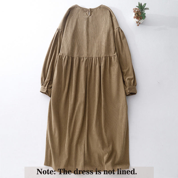 Buddha Stones Tan Cordkleid mit Puffärmeln, Midi-Länge, einfarbig, Cord - image 1
