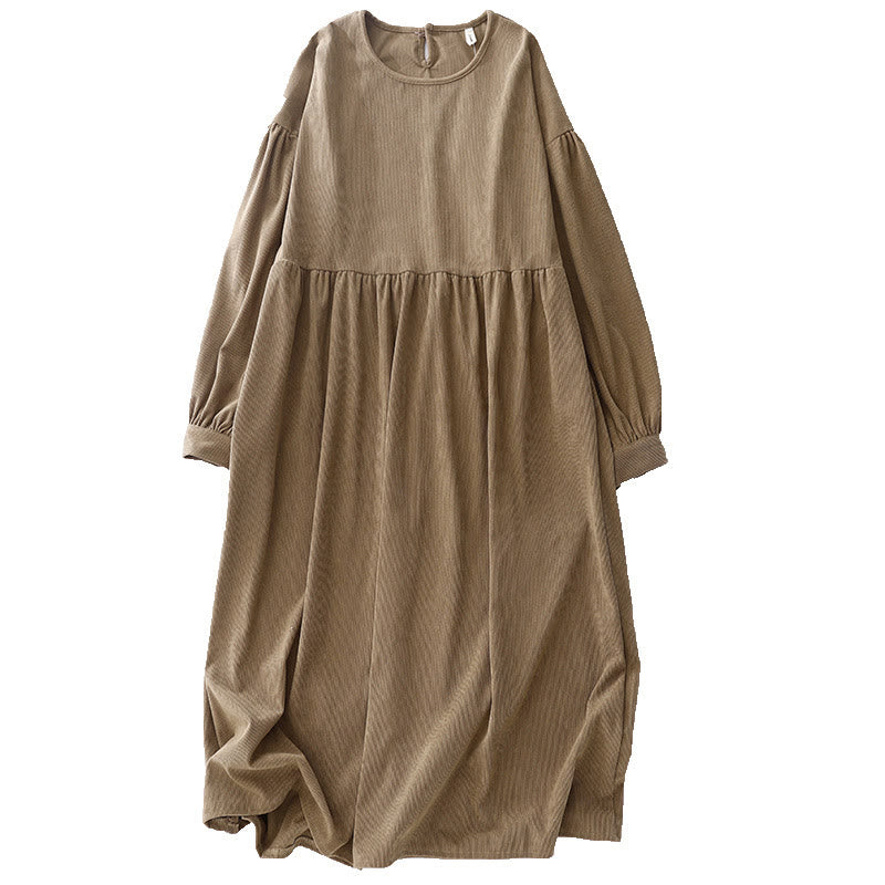 Buddha Stones Tan Cordkleid mit Puffärmeln, Midi-Länge, einfarbig, Cord - image 15