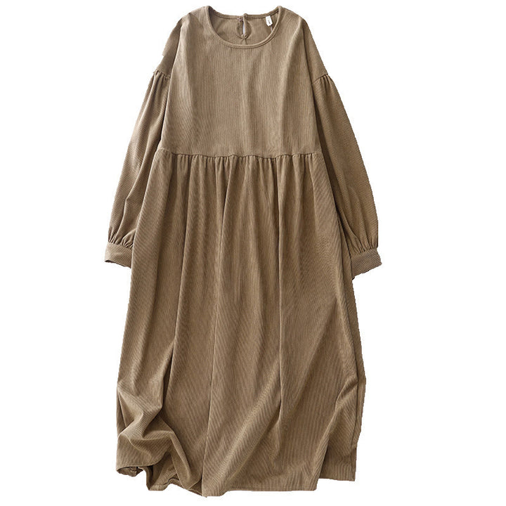 Buddha Stones Tan Cordkleid mit Puffärmeln, Midi-Länge, einfarbig, Cord - image 15