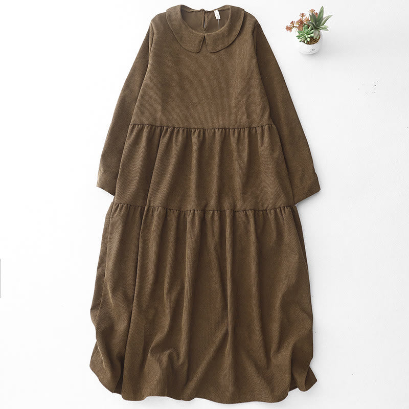 Buddha Stones – Langärmliges Midikleid aus Baumwollcord mit Peter-Pan-Kragen und Taschen - Sattelbraun - US8-10， UK/AU12-14，EU40-42 (2XL) - image 1