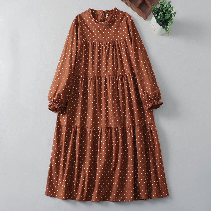Buddha Stones – Frühlings-Midikleid aus Baumwolle und Leinen mit Punktmuster, Rüschen, Rundhalsausschnitt, langen Ärmeln und Taschen - Schokolade - US12， UK/AU16，EU44 (2XL) - image 1