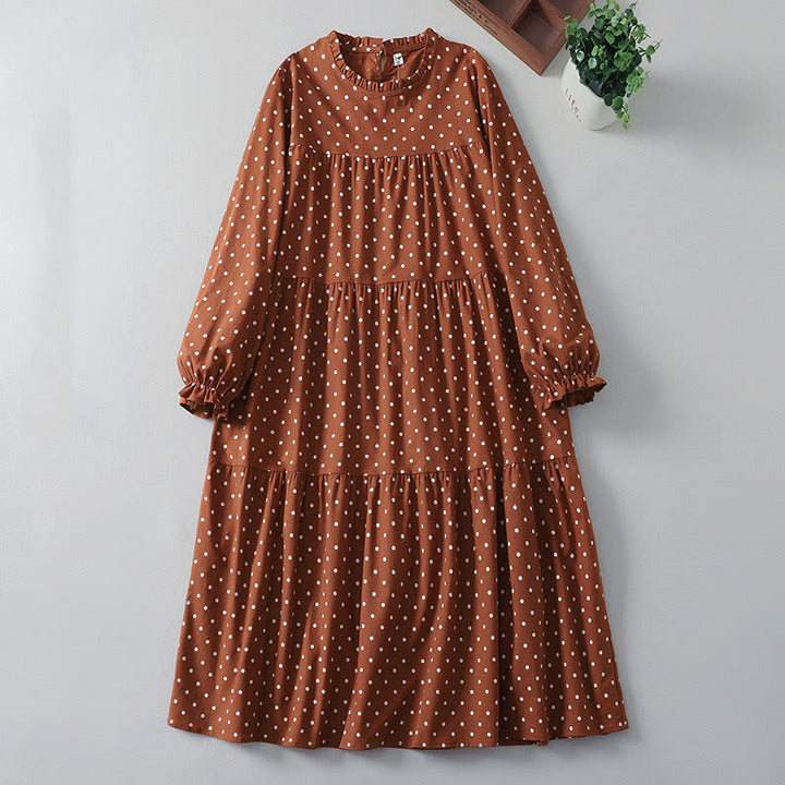 Buddha Stones – Frühlings-Midikleid aus Baumwolle und Leinen mit Punktmuster, Rüschen, Rundhalsausschnitt, langen Ärmeln und Taschen - Schokolade - US12, UK/AU16, EU44 (2XL) - image 0