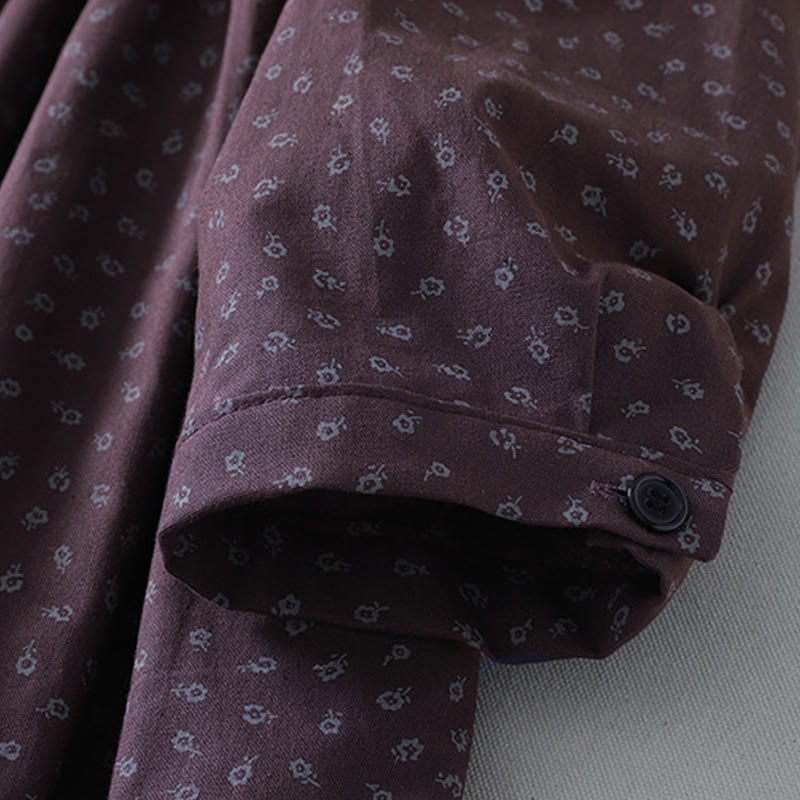 Buddha Stones Printing Floral Akkordeonfalten Baumwollleinen Langarm-Midikleid mit Taschen - image 12