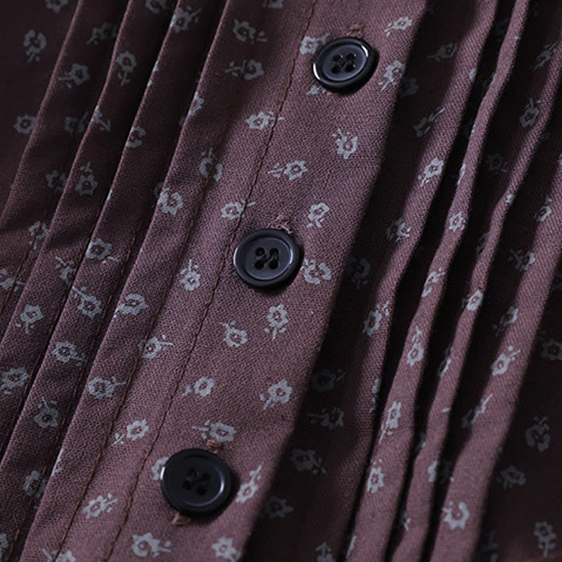 Buddha Stones Printing Floral Akkordeonfalten Baumwollleinen Langarm-Midikleid mit Taschen - image 11