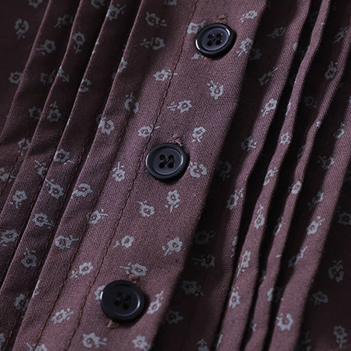 Buddha Stones Printing Floral Akkordeonfalten Baumwollleinen Langarm-Midikleid mit Taschen - image 11
