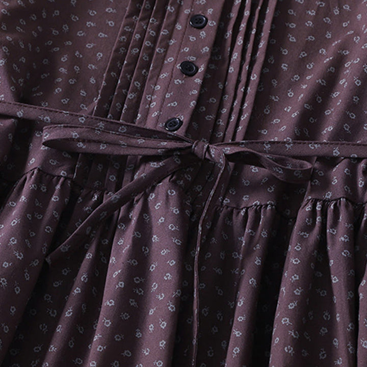 Buddha Stones Printing Floral Akkordeonfalten Baumwollleinen Langarm-Midikleid mit Taschen - image 10
