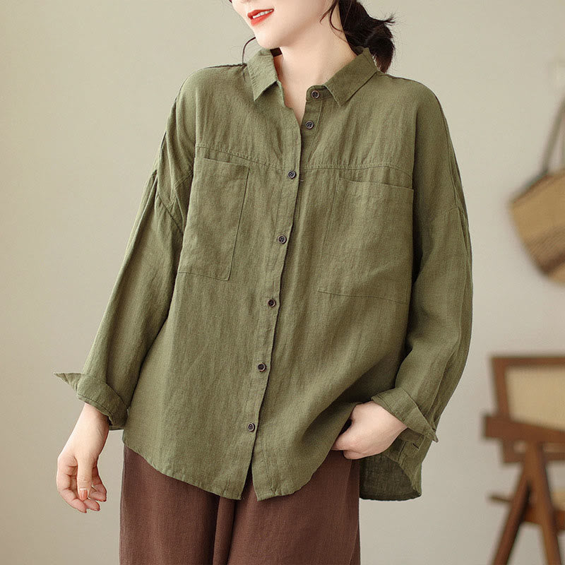 Buddha Stones Lässiges, schlichtes Damen-Langarmhemd aus Baumwolle und Leinen - DunkelKhaki - US14， UK/AU18，EU46 (2XL) - image 17
