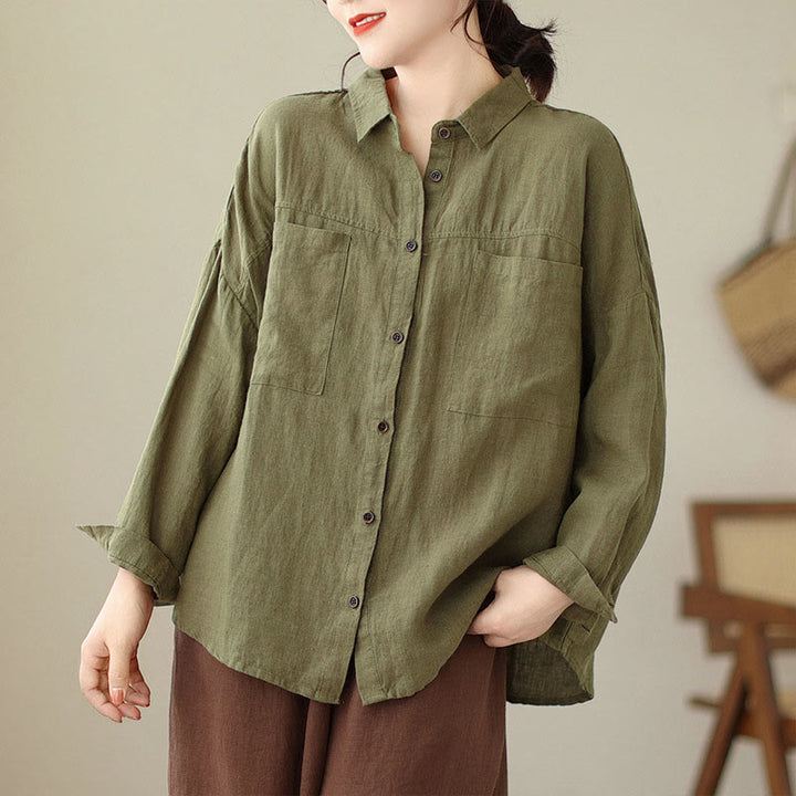 Buddha Stones Lässiges, schlichtes Damen-Langarmhemd aus Baumwolle und Leinen - DunkelKhaki - US14， UK/AU18，EU46 (2XL) - image 17