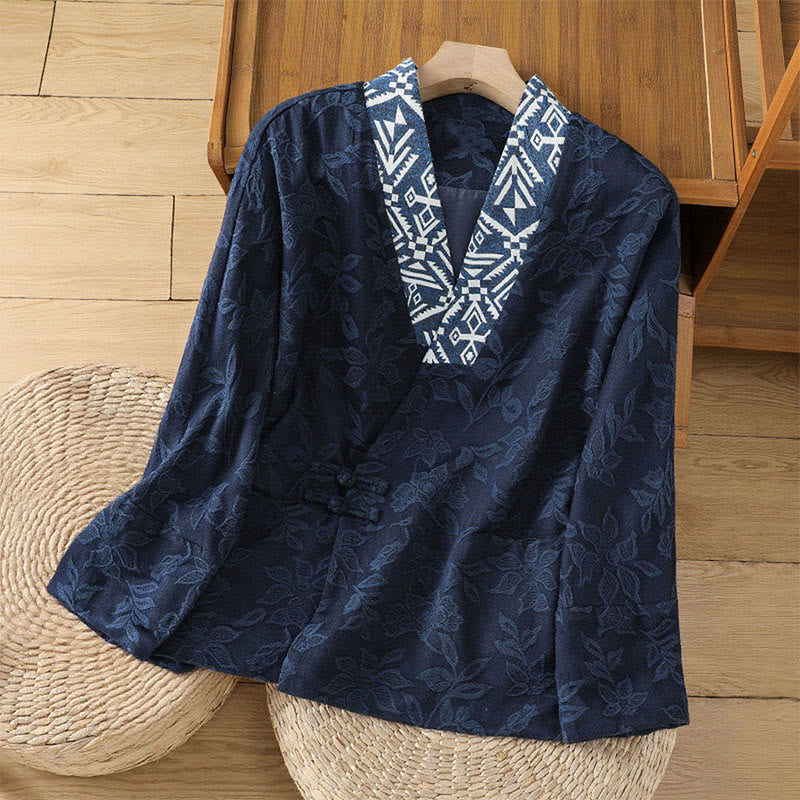 Buddha Stones Lässiges Jacquard-Langarmhemd mit Froschknöpfen aus Baumwolle und Leinen für Damen - Mitternachtsblau - US12， UK/AU16，EU44 (2XL) - image 1