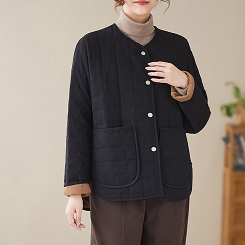 Buddha Stones Retro Plain Damen Dicker Baumwollmantel Langarmjacke mit Taschen - image 4