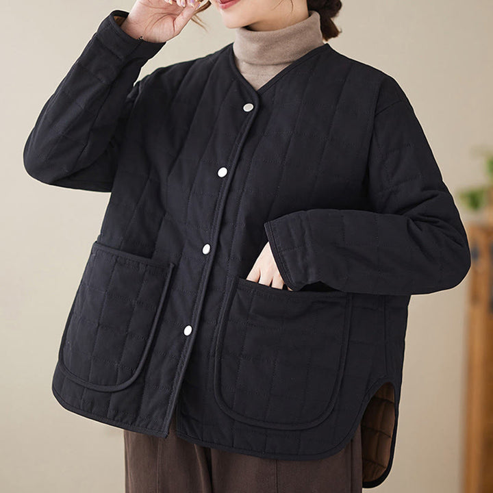 Buddha Stones Retro Plain Damen Dicker Baumwollmantel Langarmjacke mit Taschen - image 8