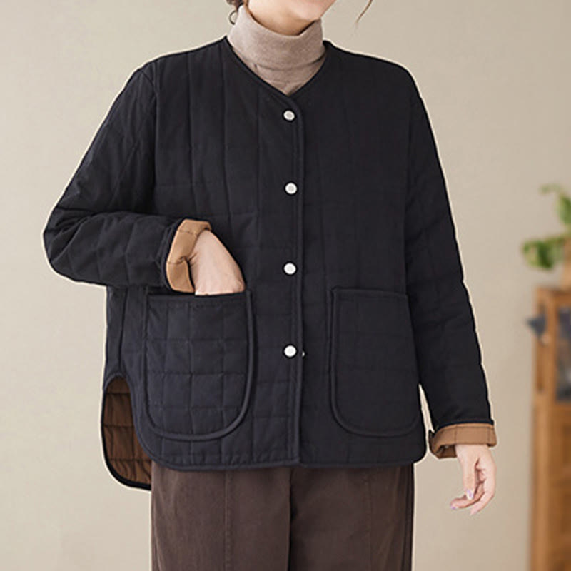 Buddha Stones Retro Plain Damen Dicker Baumwollmantel Langarmjacke mit Taschen - Schwarz - US14， UK/AU18，EU46 (2XL) - image 1