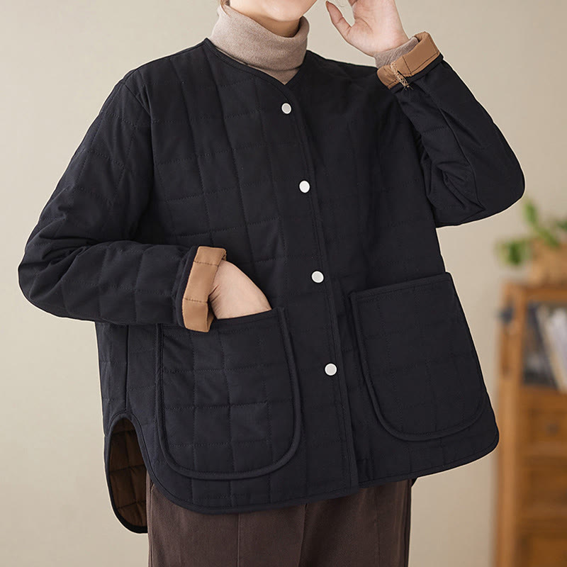 Buddha Stones Retro Plain Damen Dicker Baumwollmantel Langarmjacke mit Taschen - image 5