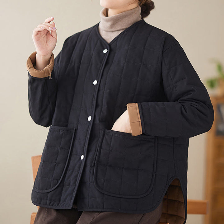 Buddha Stones Retro Plain Damen Dicker Baumwollmantel Langarmjacke mit Taschen - image 6