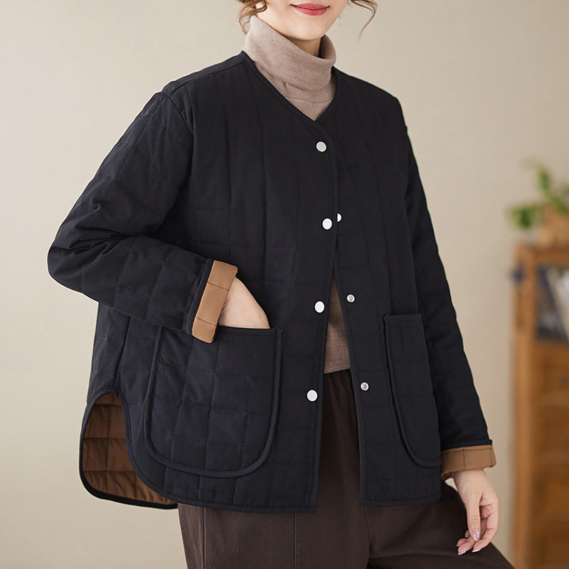 Buddha Stones Retro Plain Damen Dicker Baumwollmantel Langarmjacke mit Taschen - image 3