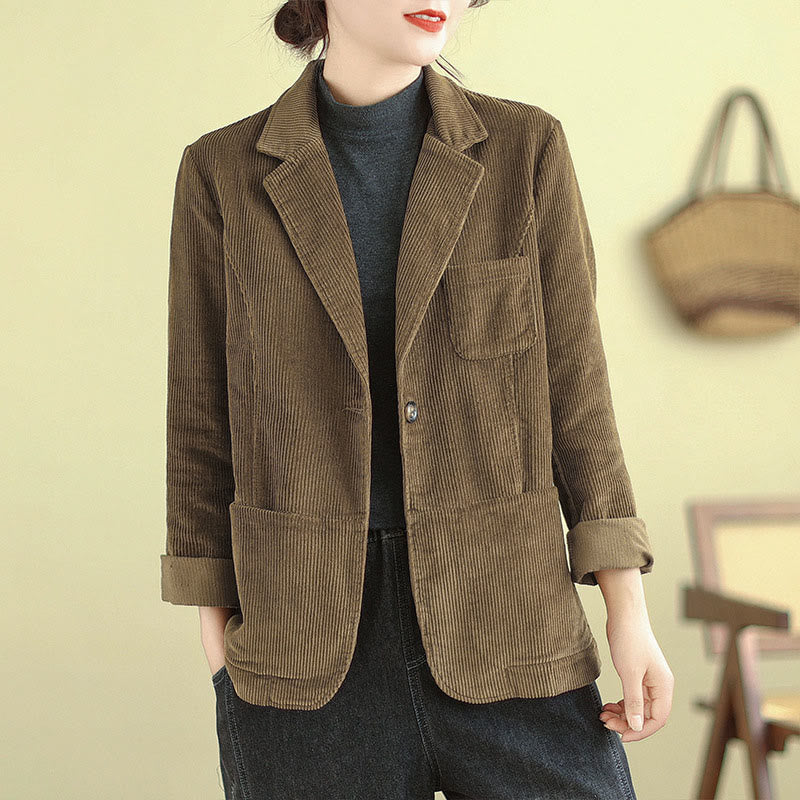 Buddha Stones Retro-Cordjacke für Damen aus Baumwolle mit langen Ärmeln und Taschen - Dunkle Goldrute - US12， UK/AU16，EU44 (2XL) - image 1