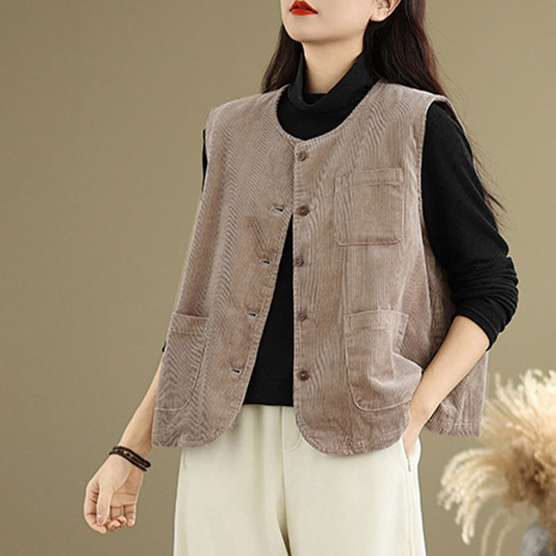 Buddha Stones Corduroy Buttons Damen Ärmellose Baumwollweste mit Taschen - image 2