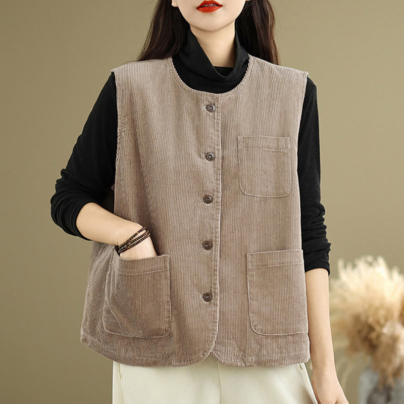 Buddha Stones Corduroy Buttons Damen Ärmellose Baumwollweste mit Taschen - image 4