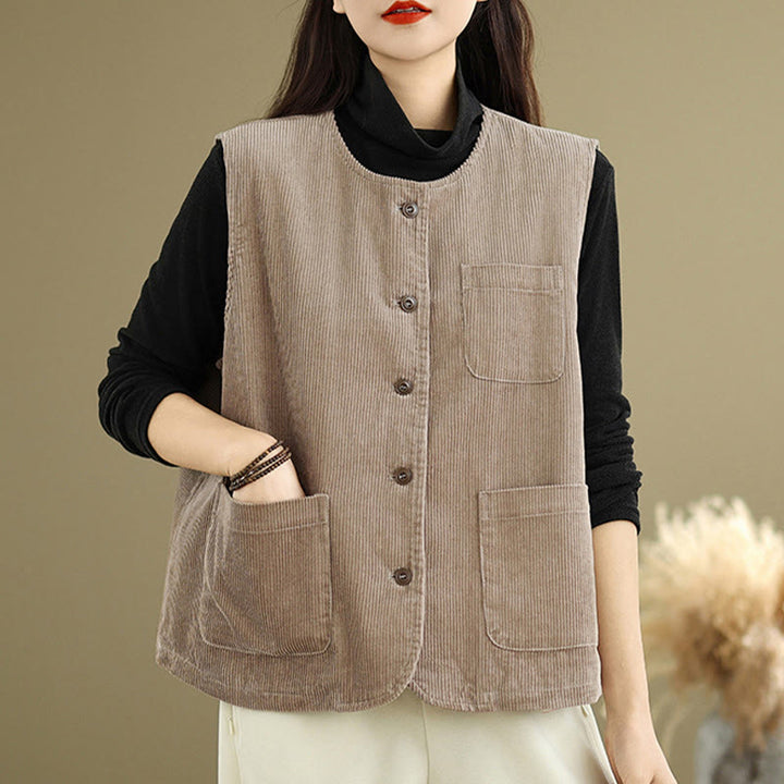 Buddha Stones Corduroy Buttons Damen Ärmellose Baumwollweste mit Taschen - image 4