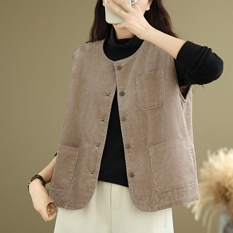 Buddha Stones Corduroy Buttons Damen Ärmellose Baumwollweste mit Taschen - image 6