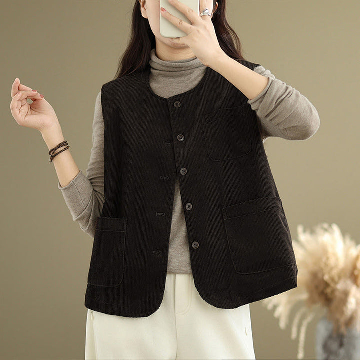 Buddha Stones Corduroy Buttons Damen Ärmellose Baumwollweste mit Taschen - image 10