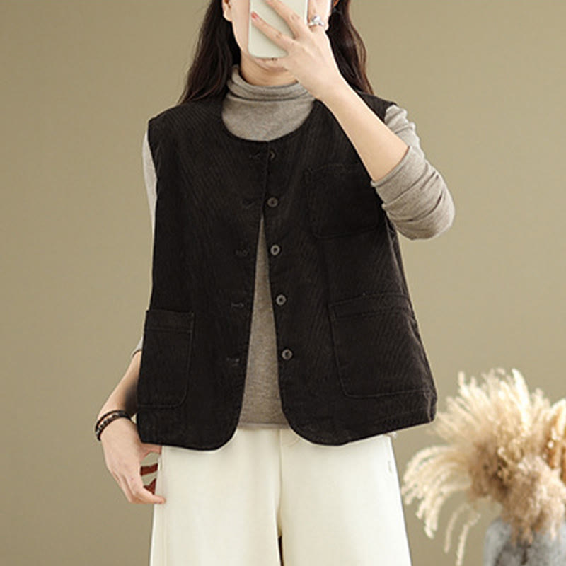 Buddha Stones Corduroy Buttons Damen Ärmellose Baumwollweste mit Taschen - image 13