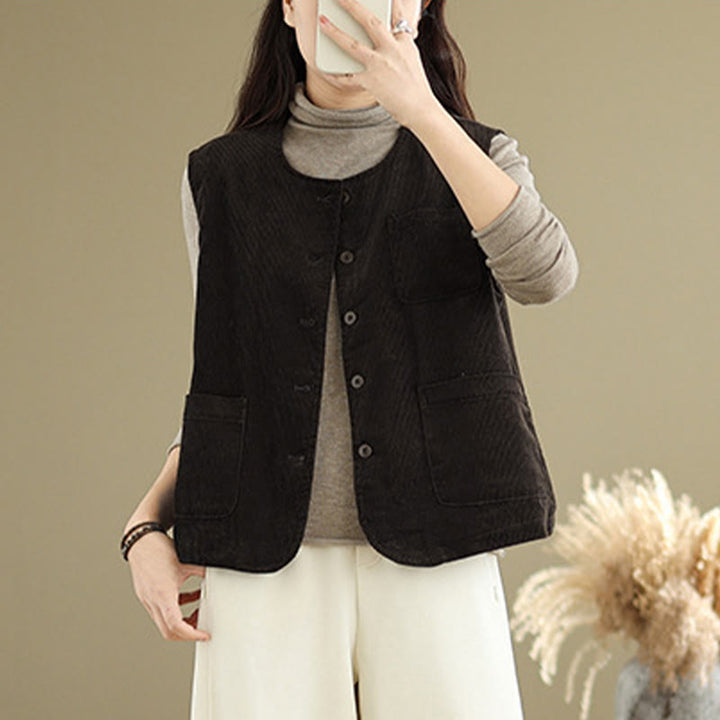 Buddha Stones Corduroy Buttons Damen Ärmellose Baumwollweste mit Taschen - image 13