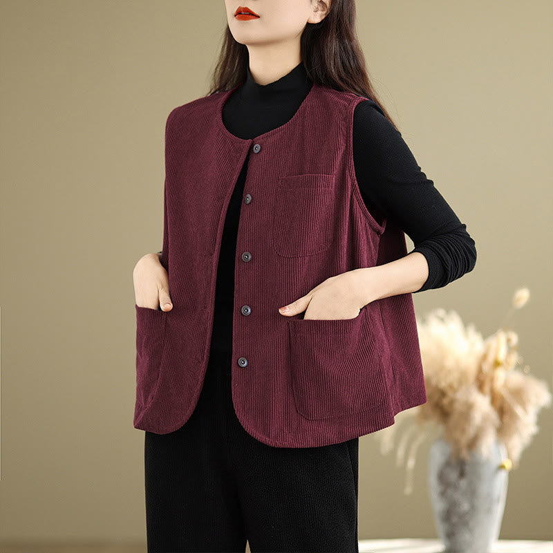 Buddha Stones Corduroy Buttons Damen Ärmellose Baumwollweste mit Taschen - image 22