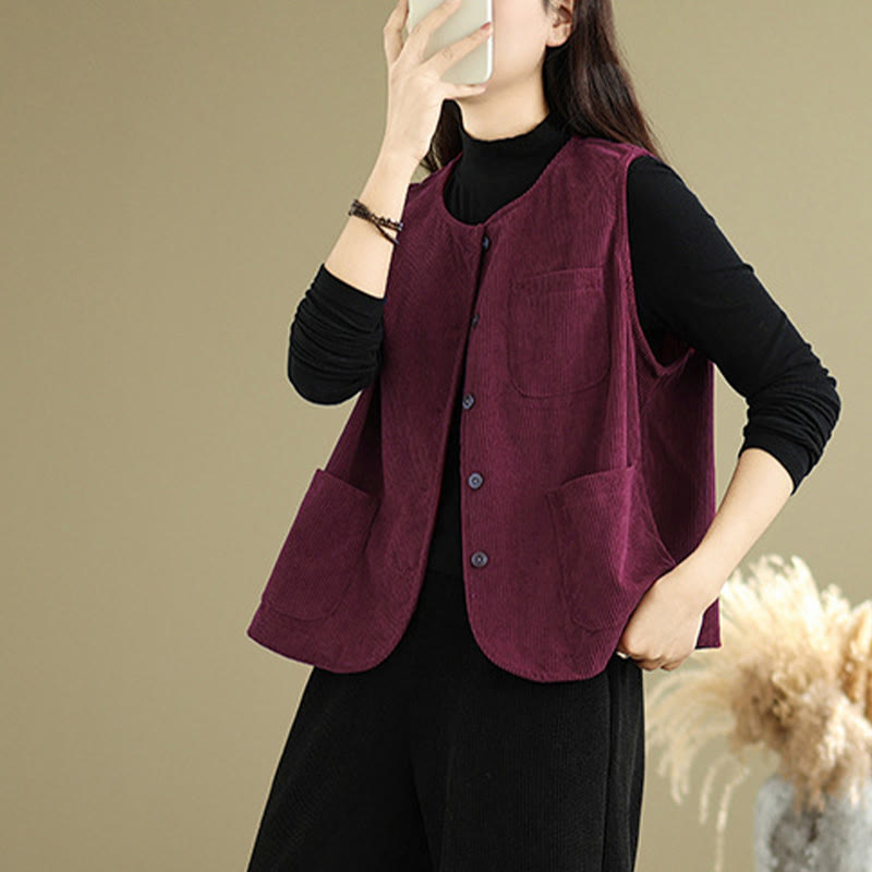 Buddha Stones Corduroy Buttons Damen Ärmellose Baumwollweste mit Taschen - image 20