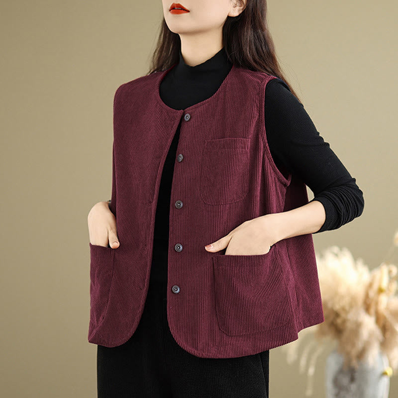 Buddha Stones Corduroy Buttons Damen Ärmellose Baumwollweste mit Taschen - image 23