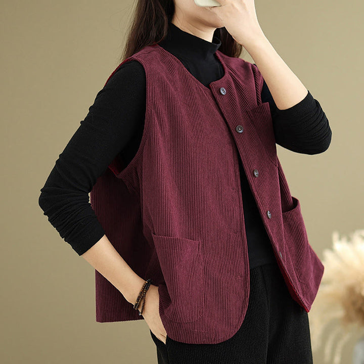 Buddha Stones Corduroy Buttons Damen Ärmellose Baumwollweste mit Taschen - image 25