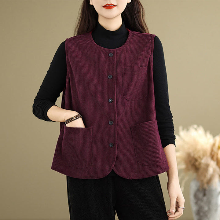 Buddha Stones Corduroy Buttons Damen Ärmellose Baumwollweste mit Taschen - IndianRed - US8-10， UK/AU12-14，EU40-42 (2XL) - image 19