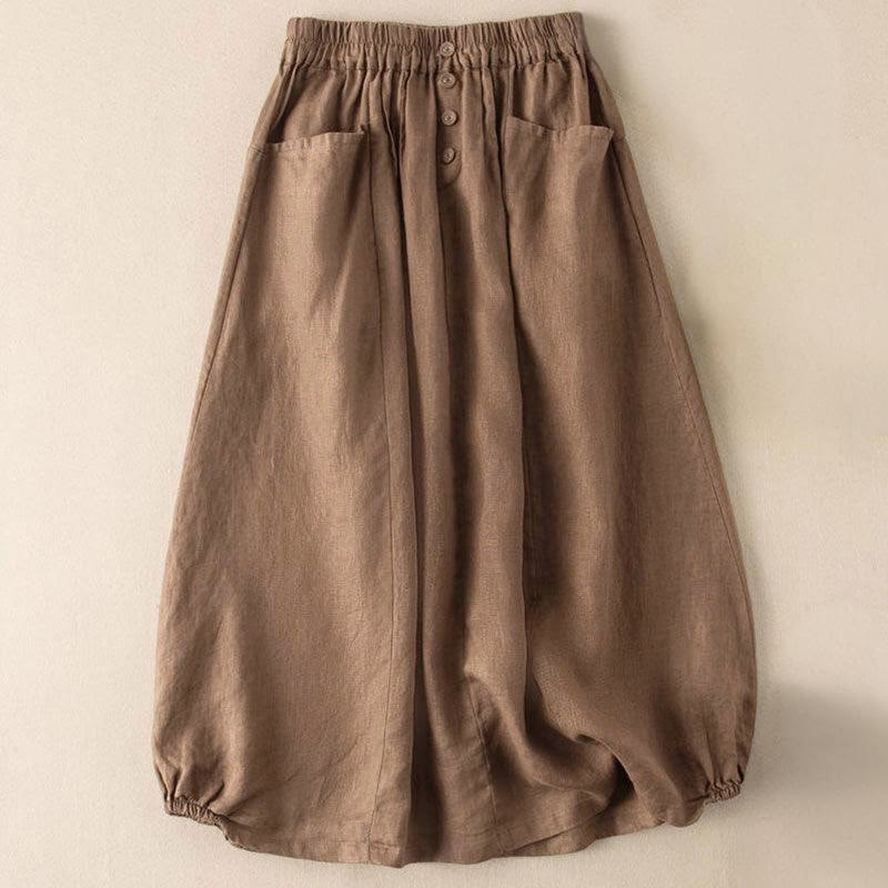 Buddha Stones Sommer-Rock mit einfarbigen Knöpfen, elastischer Taille, Länge 7–8, Damen, mit Taschen - Dunkle Goldrute - US16， UK/AU20，EU48 (5XL) - image 0