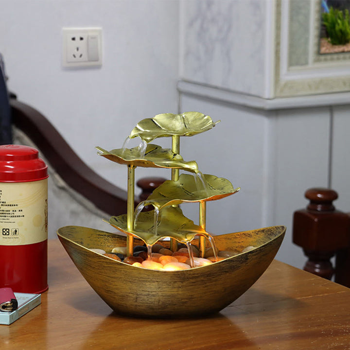 Buddha Stones, Lotusblatt-förmiger Wasserfallbrunnen, Tischornamente mit LED-Licht, Home-Office-Desktop-Dekoration - Gold (Metallversion) - image 26