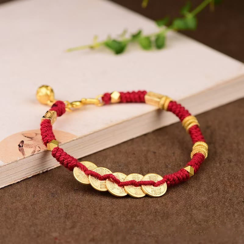 Buddha Stones Handgefertigtes Armband mit fünf Kaisermünzen und geflochtener Schnur - Rotes Seil (Handgelenkumfang: 15–19 cm) - image 1