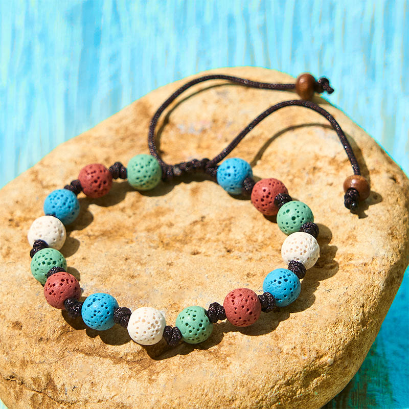 Buddha Stones Buntes Lavastein-Stützarmband - Grüne + rote + blaue + weiße Perlen (Handgelenkumfang: 15–22 cm) - image 11