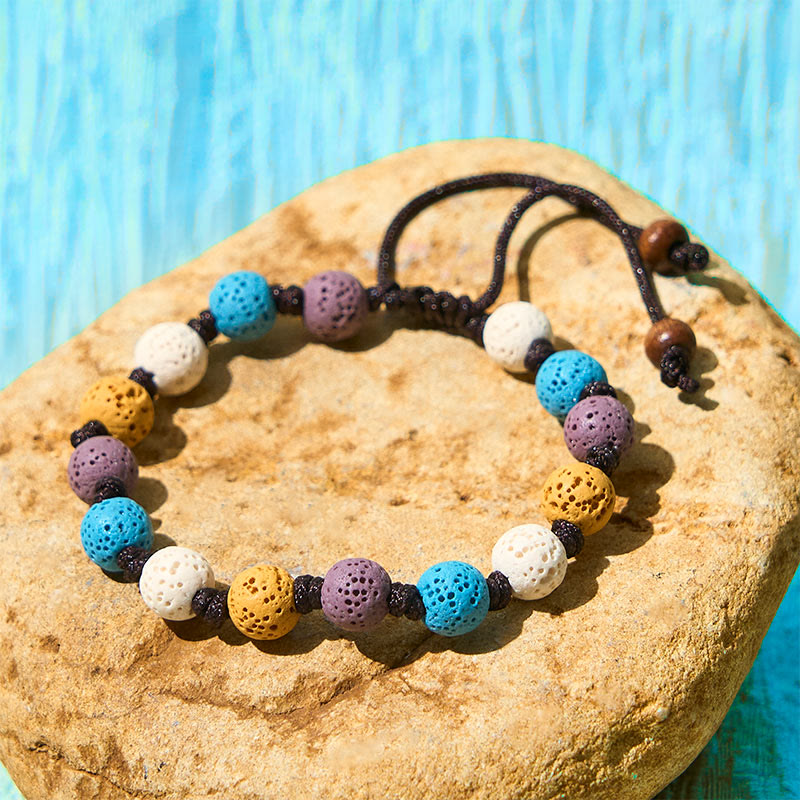 Buddha Stones Buntes Lavastein-Stützarmband - Weiße + blaue + violette + gelbe Perlen (Handgelenkumfang: 15–22 cm) - image 15